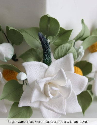 Sugar gardenias, veronica, craspedia, and lilac leaves on a wedding cake