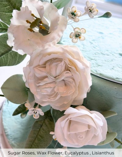 Close-up of handcrafted sugar roses, lisianthus, wax flowers and eucalyptus on a sage green wedding cake