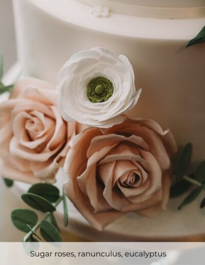 Handcrafted sugar roses, ranunculus and eucalyptus on a bespoke luxury wedding cake designed for a West Mill wedding