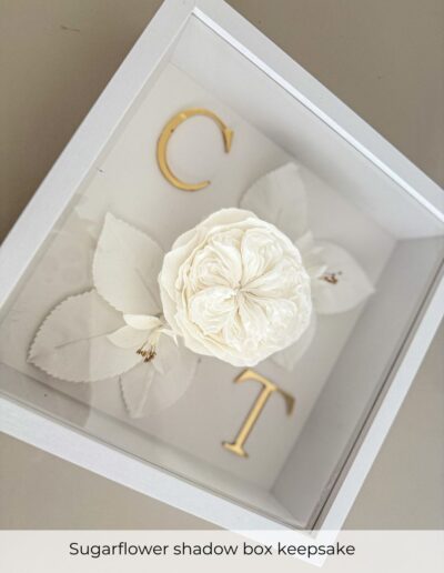 Sugar flower shadow box keepsake created from handcrafted wedding cake flowers as a lasting memento of a luxury cultural wedding